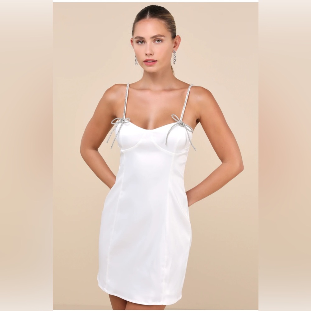 Lulus White Satin Rhinestone Mini Dress